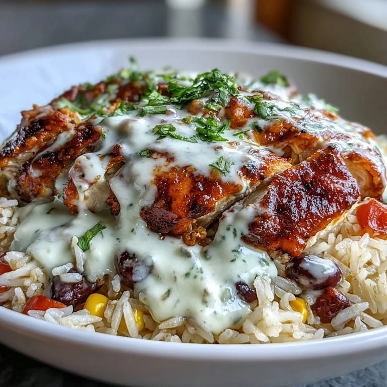 A close-up of Pollo Loco Mexican Chicken and Rice with Queso reveals tender chicken and colorful black beans and corn.