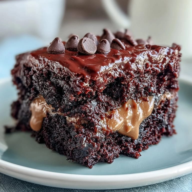 A generous slice of Rich Peanut Butter Cup Dump Cake served warm with vanilla ice cream melting on top.