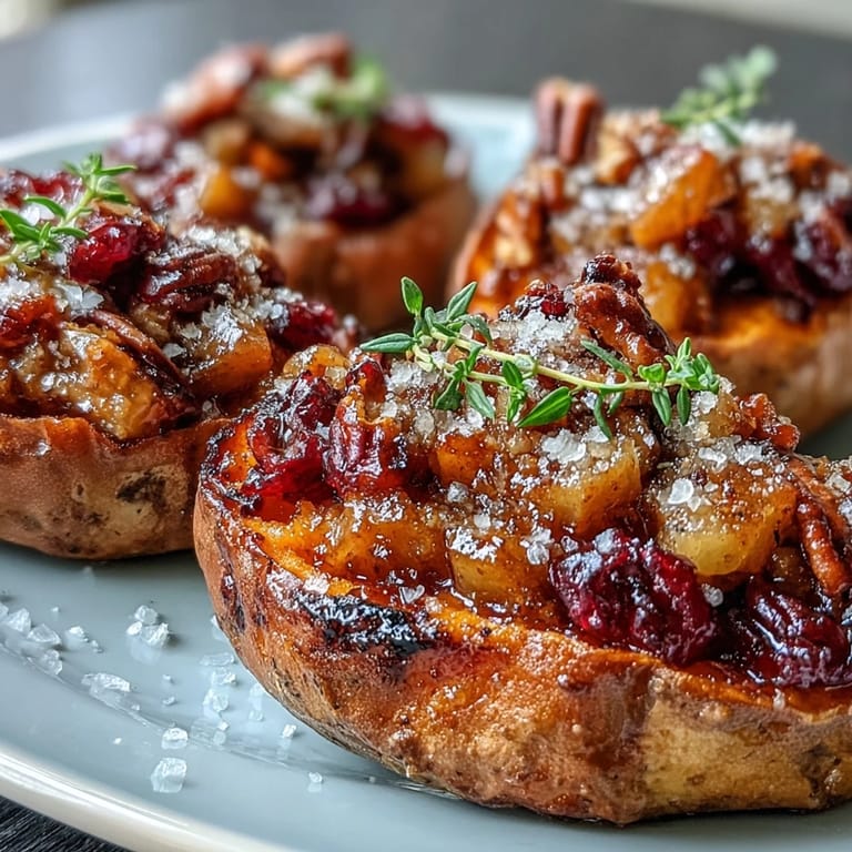 Golden Cranberry Apple Twice Baked Sweet Potatoes topped with maple syrup and sliced almonds on a festive table.