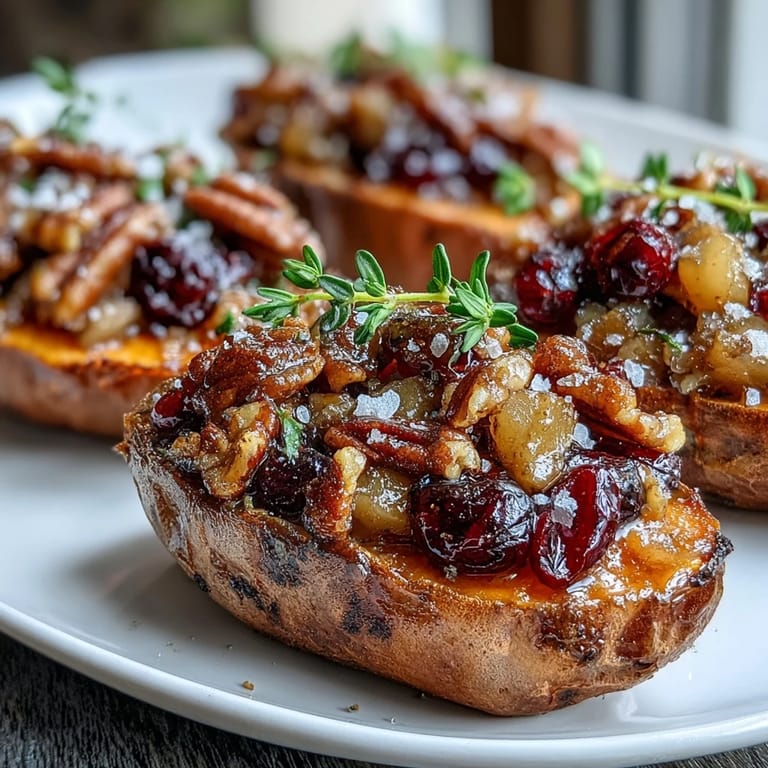 Warm Cranberry Apple Twice Baked Sweet Potatoes are filled with caramelized apples and tart cranberries for a cozy serving.