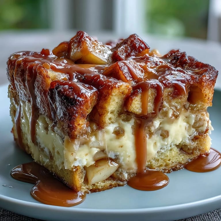 A spoon serves warm Caramel Apple Cheesecake Bread Pudding with vanilla ice cream melting on top.