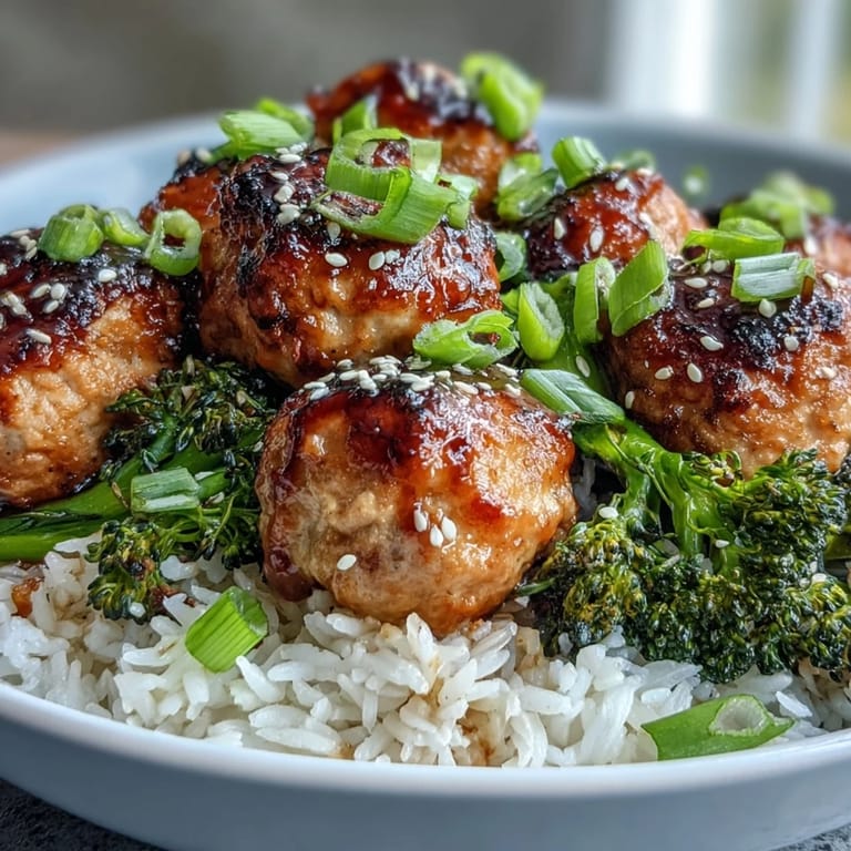 Savory Honey Garlic Turkey Meatballs served family-style with tender rice and crisp broccoli for a wholesome meal.
