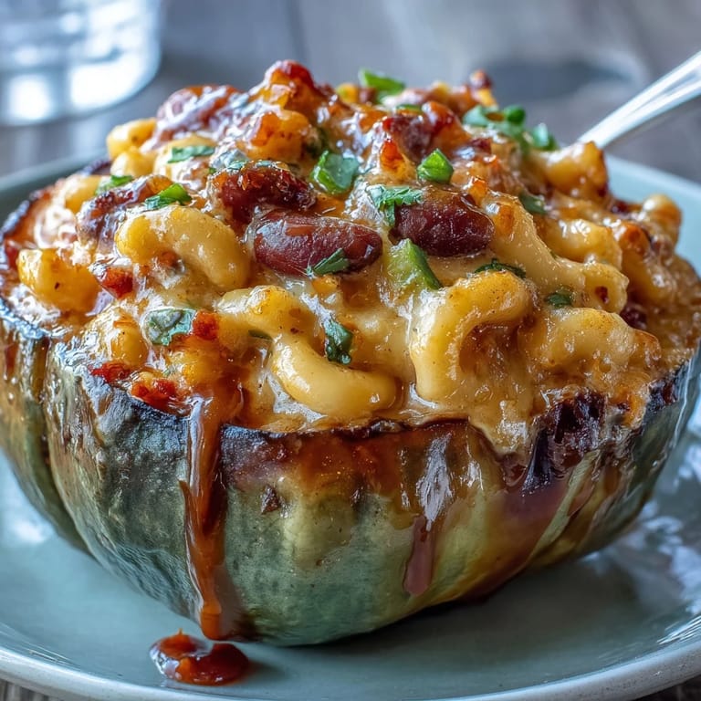 A single serving of Hot Honey Chili Mac Stuffed Squash being scooped from a bowl, revealing creamy macaroni inside.