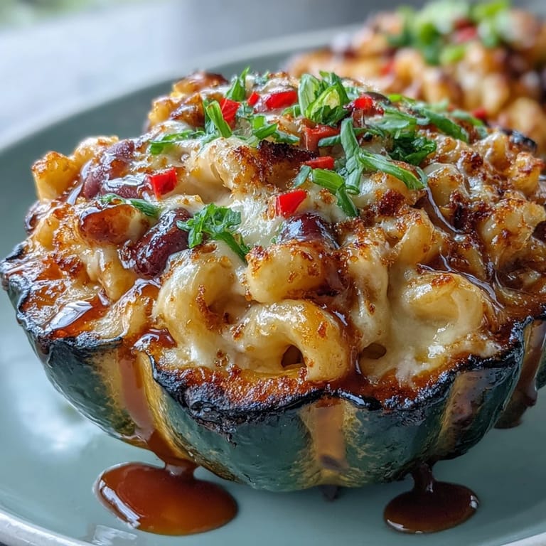 Overhead view of Hot Honey Chili Mac Stuffed Squash plated with a drizzle of hot honey and a side salad.