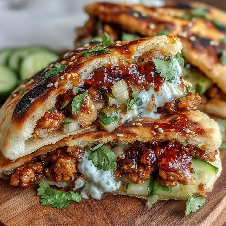 Freshly assembled Korean Turkey Stuffed Naan Pockets served on a plate with extra sauce and toasted sesame seeds.