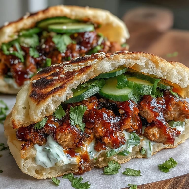 Close-up of a hand holding a messy, flavorful Korean Turkey Stuffed Naan Pocket revealing the savory ground turkey filling.