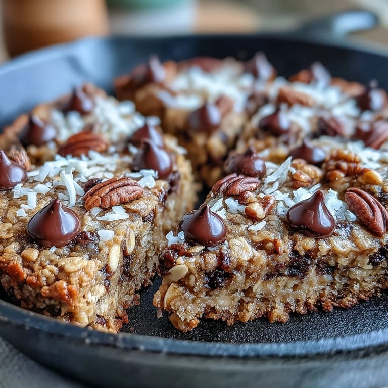 A warm slice of Chunky Monkey Oatmeal Cookie Skillet is scooped onto a plate, revealing a gooey center perfect for serving with vanilla ice cream.