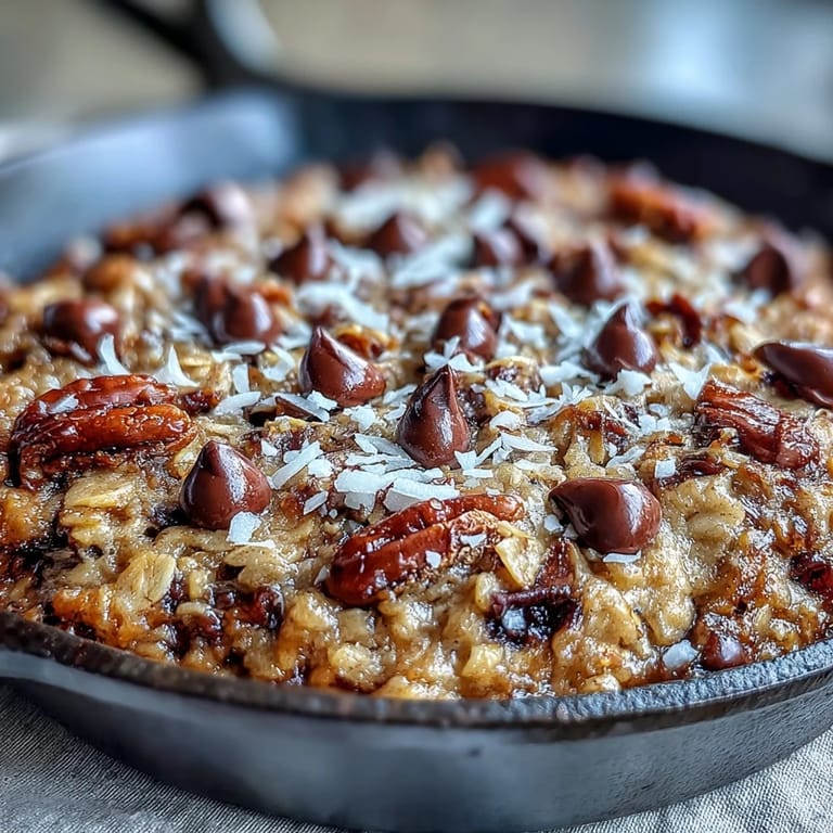 Freshly baked Chunky Monkey Oatmeal Cookie Skillet sits in a cast-iron pan, showcasing a golden crust with chunks of banana, walnuts, and chocolate.