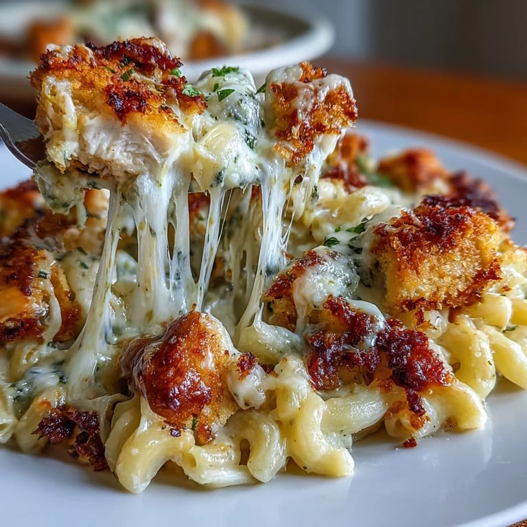 Hearty serving of Baked Pesto Chicken Mac & Cheese scooped onto a plate alongside a fresh green salad.