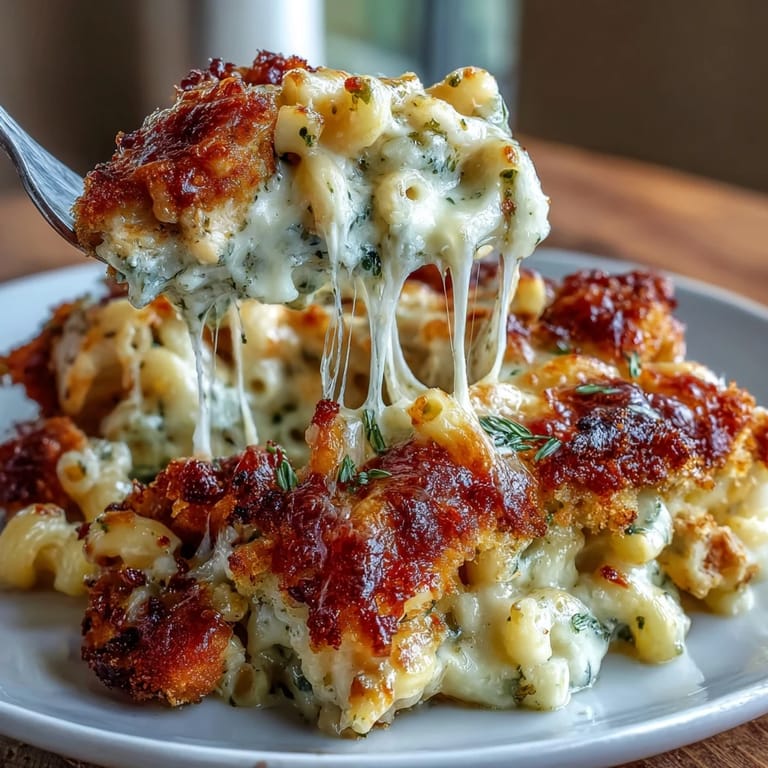 Vibrant Baked Pesto Chicken Mac & Cheese reveals tender chicken and creamy cheese sauce in a rustic bowl.