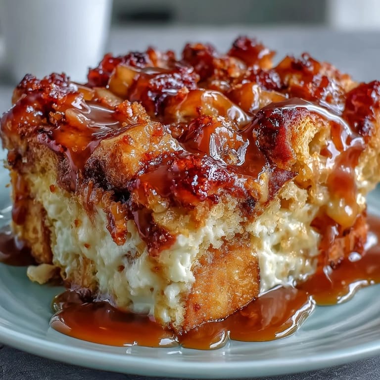 Slices of Caramel Apple Cheesecake Bread Pudding beside vanilla ice cream and a cinnamon stick on a cozy kitchen counter.