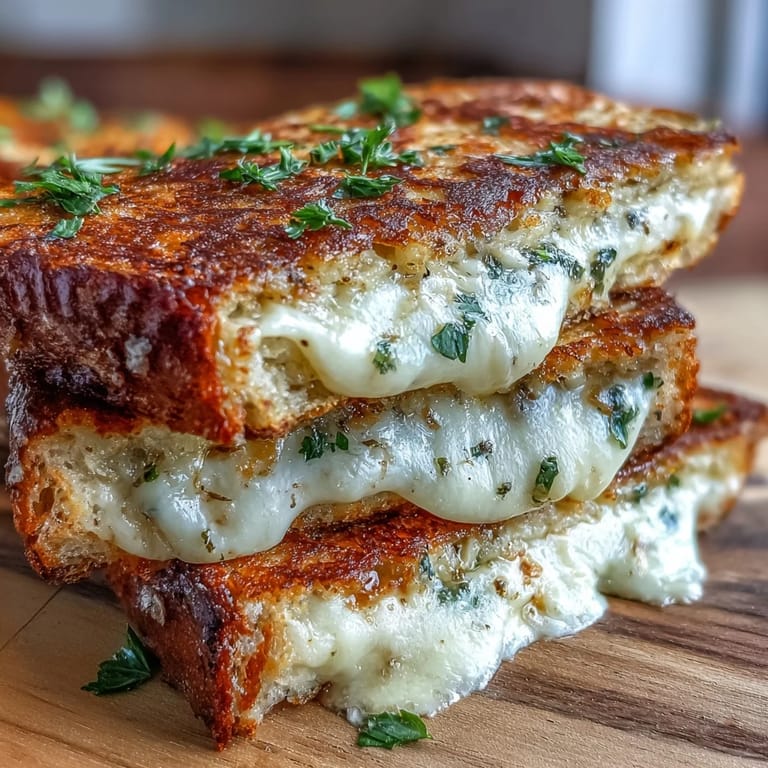 Close-up of a slice of Brown Butter Garlic Naan Grilled Cheese revealing gooey, stringy mozzarella filling.