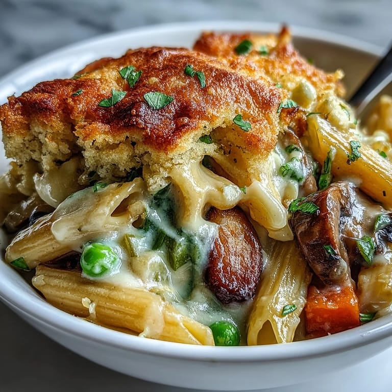 Forkful of Creamy Veggie Pot Pie Pasta revealing al dente shells, peas, and carrots in a luscious thyme sauce.