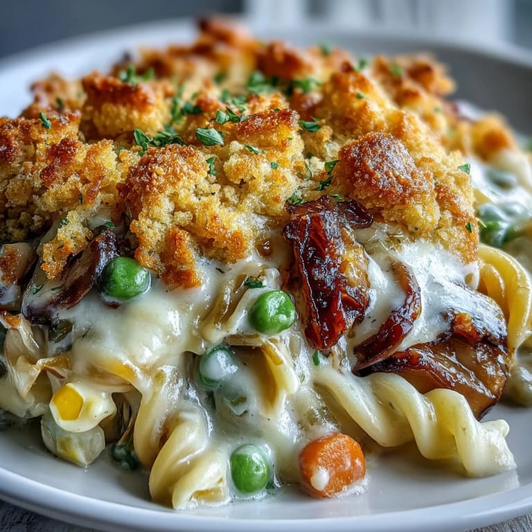 Freshly baked Creamy Veggie Pot Pie Pasta in a Dutch oven with a golden, buttery biscuit crumb crust.