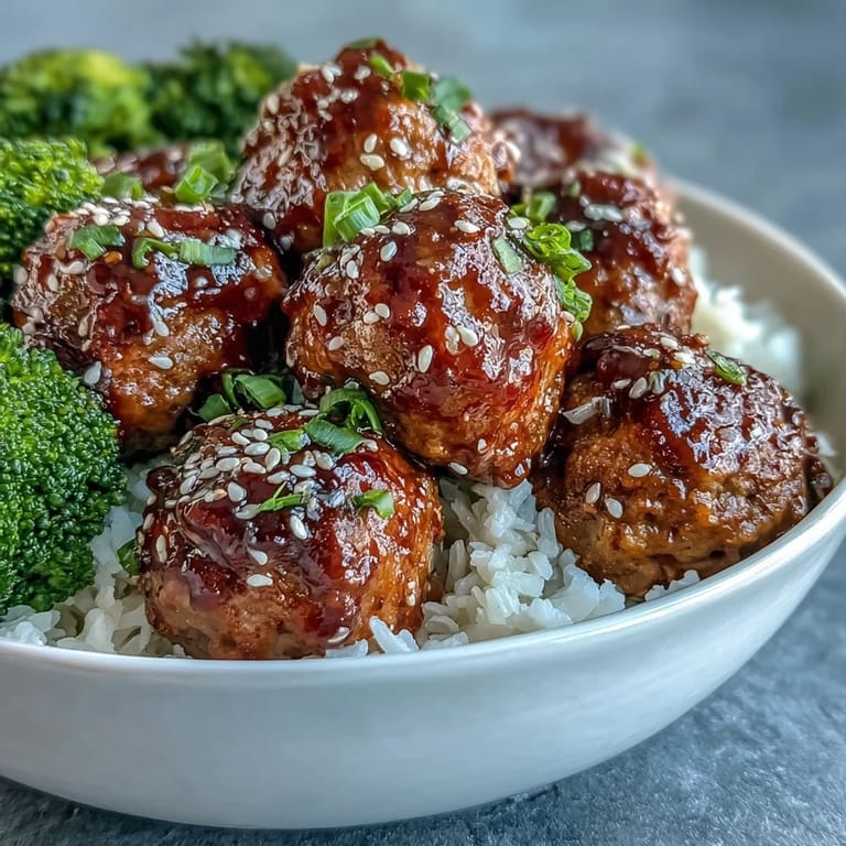Honey garlic turkey meatball bowls feature steamed broccoli and jasmine rice, topped with toasted sesame seeds and green onions.