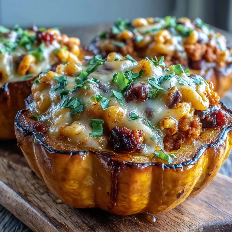 Hot Honey Chili Mac Stuffed Squash on a white plate with a side salad, drizzled with spicy honey sauce.