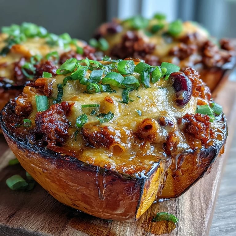 Close up view of Hot Honey Chili Mac Stuffed Squash, featuring cheesy pasta inside tender orange squash halves, ready to serve.