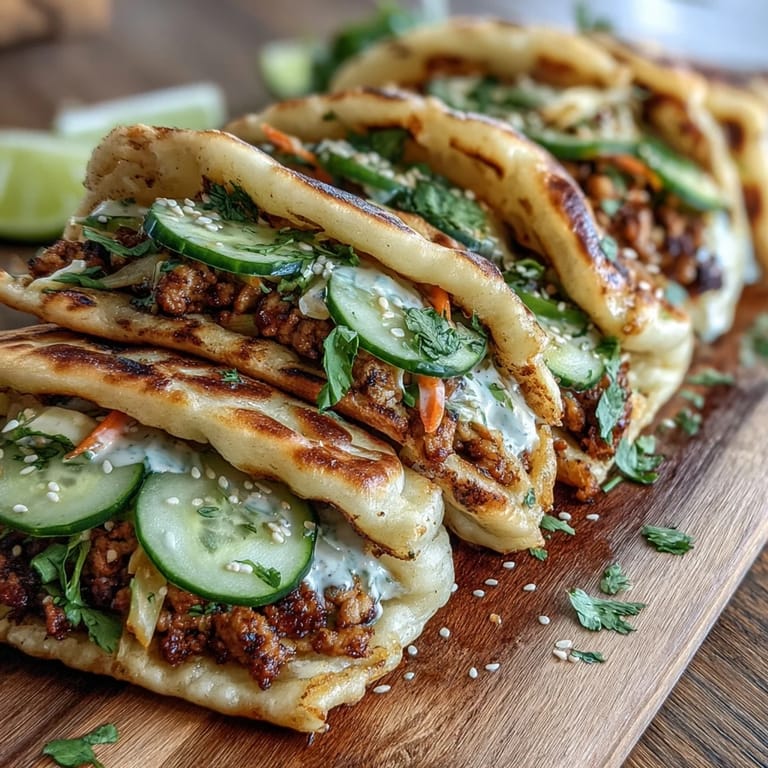 Golden brown naan bread stuffed with savory Korean turkey filling, shredded carrots, and fresh cilantro, ready to eat.