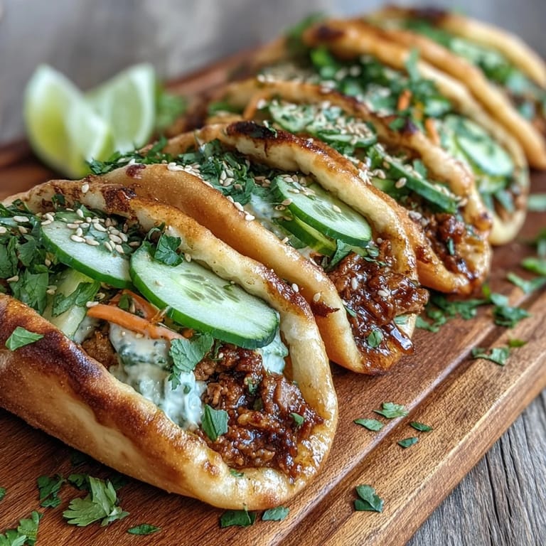 Handheld Korean Turkey Stuffed Naan Pockets served with lime wedges and toasted sesame seeds on a rustic plate.
