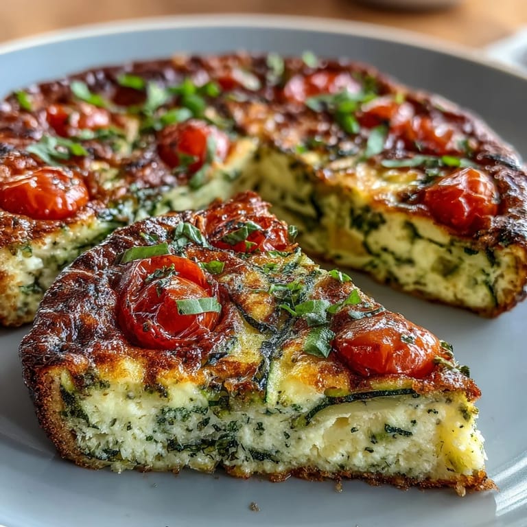 Savory Light Zucchini and Tomato Frittata garnished with herbs, cut into wedges and paired with a light salad for a satisfying lunch.