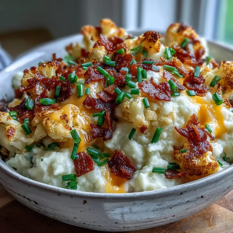 Golden roasted cauliflower florets blended into smooth Keto Bacon and Cheddar Cauliflower Mash, garnished with bacon crumbles for a savory keto side.