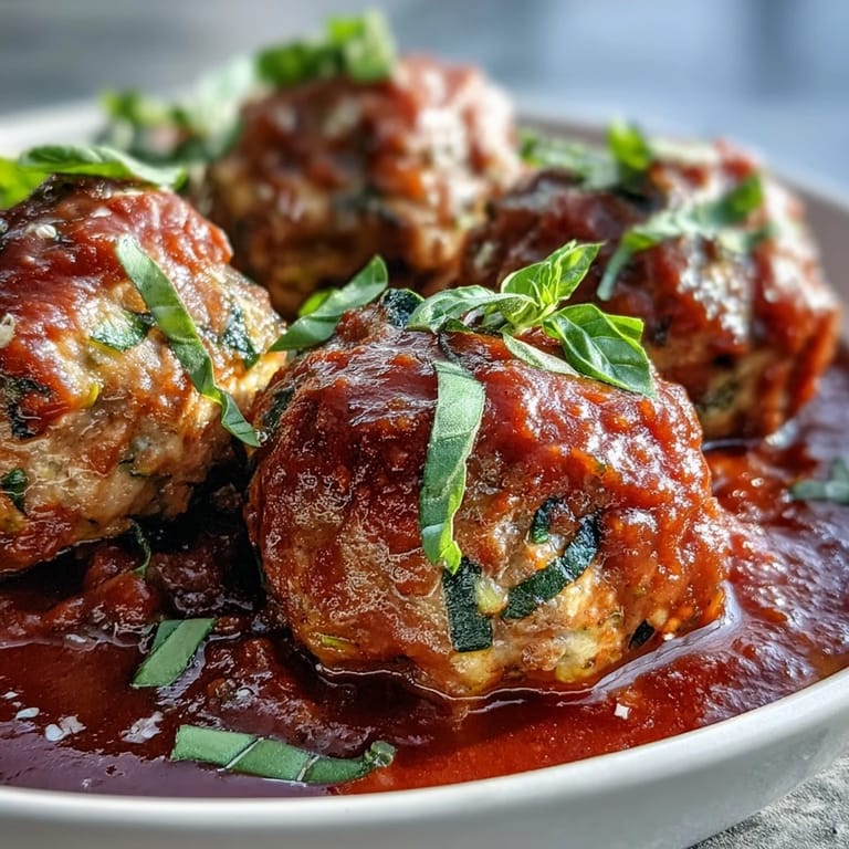Steaming Clean Eating Turkey and Veggie Meatballs in a rich marinara sauce, garnished with fresh basil.