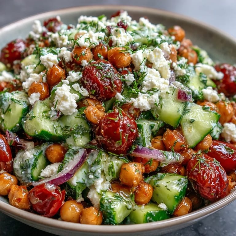Colorful vegetarian Mediterranean Chickpea Salad served in a bowl, perfect for a light lunch or healthy side dish.
