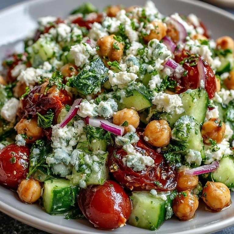 Chopped Mediterranean Chickpea Salad with red onion, bell pepper, and chickpeas, drizzled with oregano dressing and topped with feta.