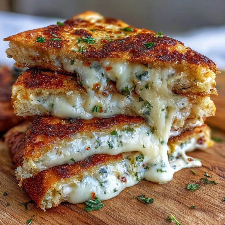 A close-up of a sliced Brown Butter Garlic Naan Grilled Cheese showing herbs and red pepper flakes on a rustic board.