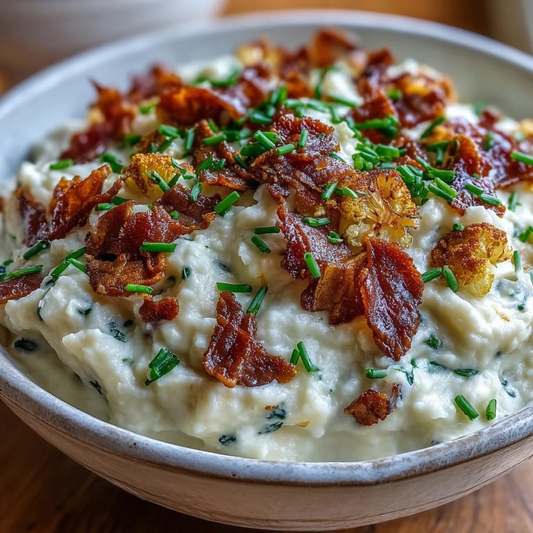 Golden roasted cauliflower florets blended into smooth Keto Bacon and Cheddar Cauliflower Mash, garnished with bacon crumbles for a savory keto side.