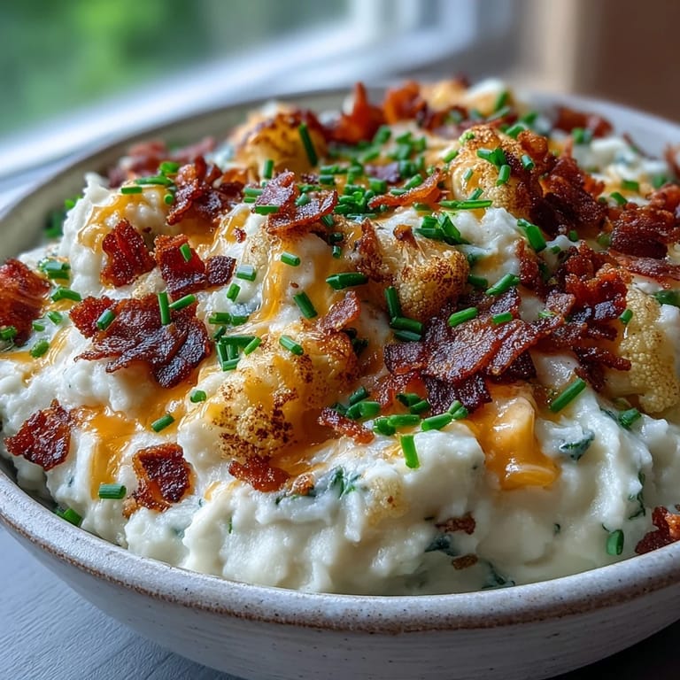 Spoonful of low-carb Keto Bacon and Cheddar Cauliflower Mash served beside grilled steak, featuring creamy texture and melted sharp cheddar.