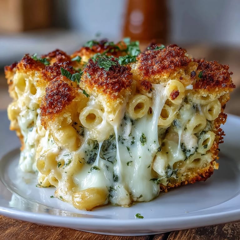 Close-up of creamy Baked Pesto Chicken Mac & Cheese showing cheesy noodles and crispy panko topping on a dinner plate.