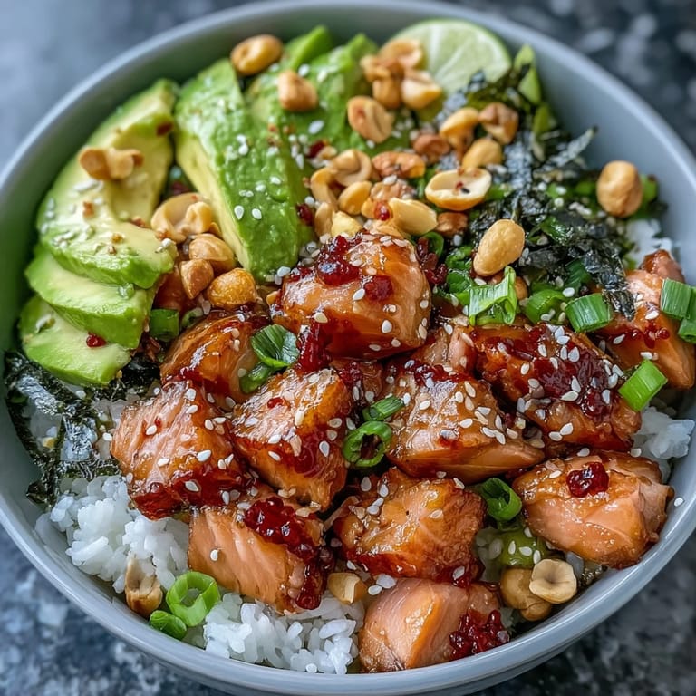 Fresh salmon cubes marinated in tamari and sesame oil served over seasoned sushi rice with ripe avocado, crisp cucumber, and a sprinkle of toasted sesame seeds.  