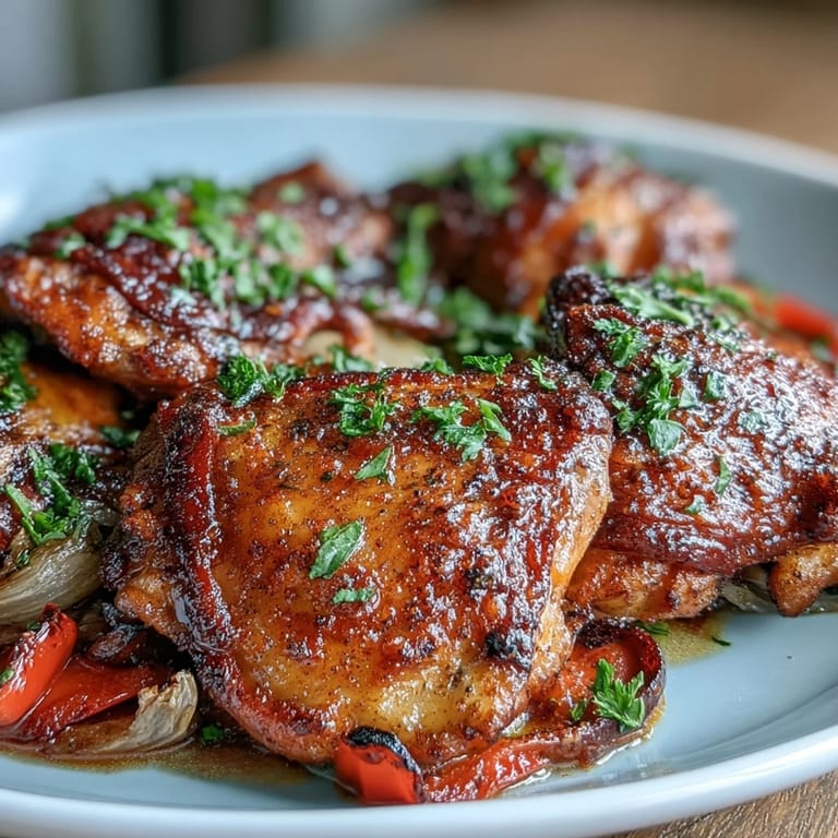 Juicy chicken thighs nestled among sweet bell peppers and onions, seasoned with smoked paprika for a vibrant dinner.  
