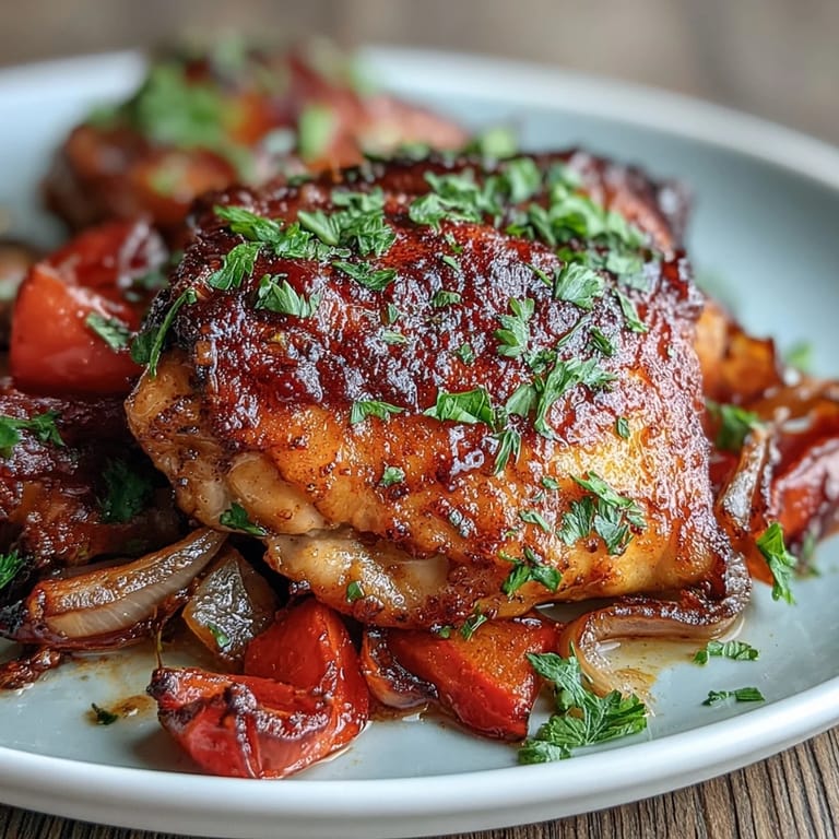 Crispy-skinned paprika chicken thighs with tender roasted peppers and onions, garnished with fresh parsley and lemon wedges.