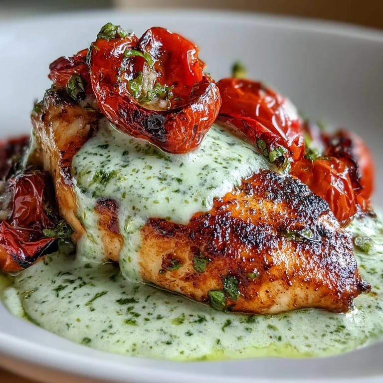 A low-carb Italian-inspired dish with juicy chicken breasts simmered in creamy pesto, served alongside oven-roasted cherry tomatoes for vibrant flavor.