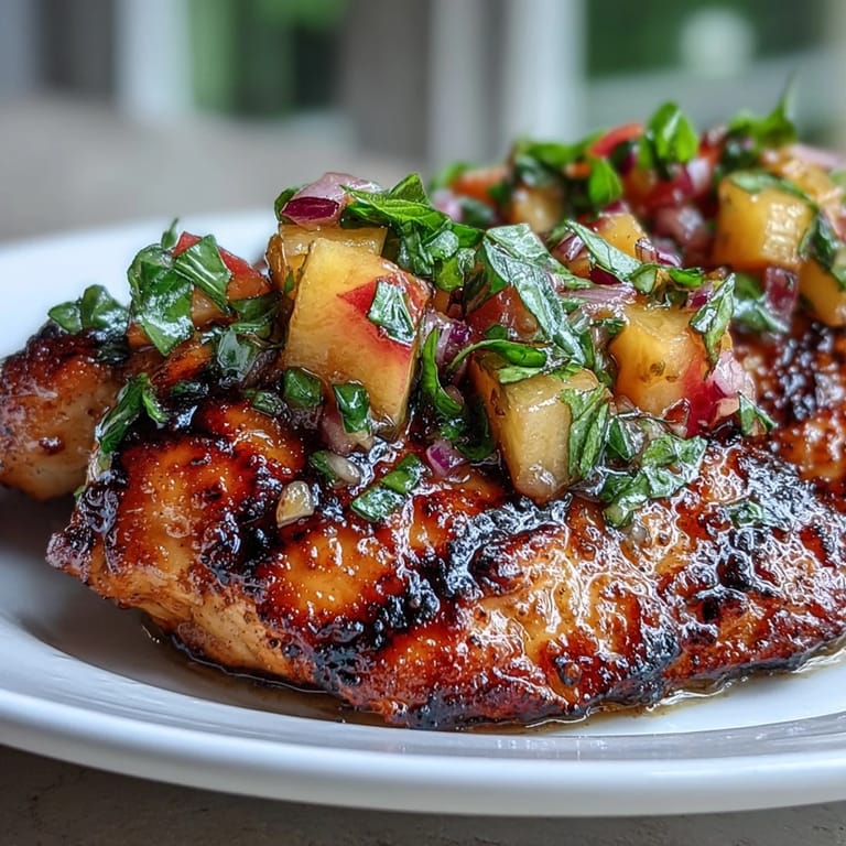 A close-up of sliced grilled chicken topped with a chunky peach and basil salsa.
