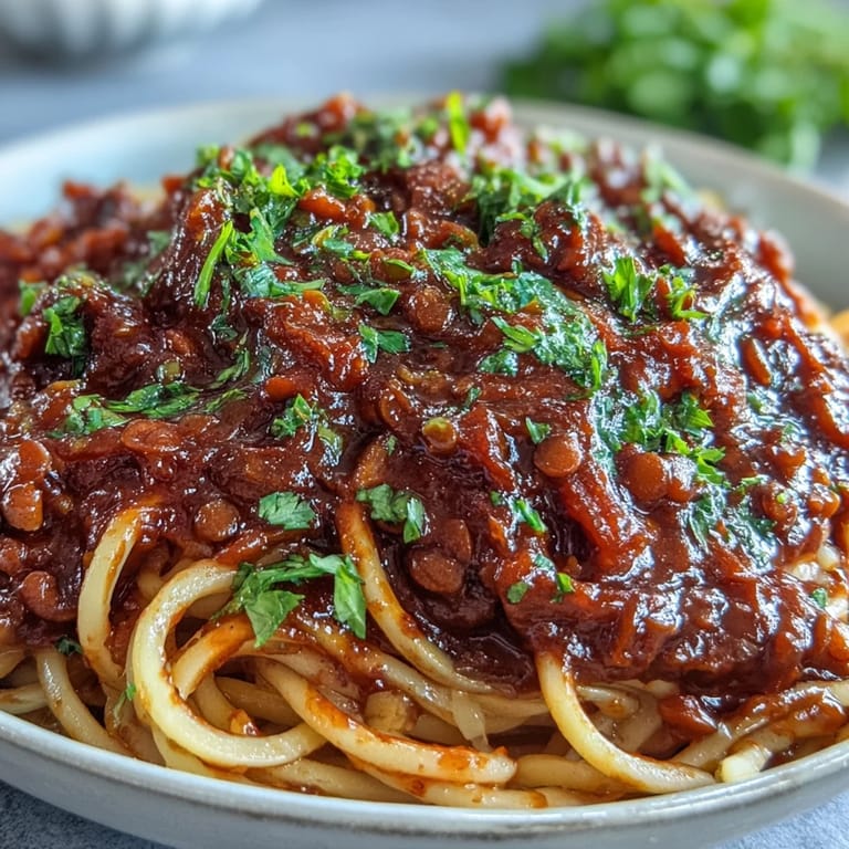 Delicious and healthy spiralized zucchini and carrot noodles topped with protein-rich lentil Bolognese for a satisfying vegan meal.