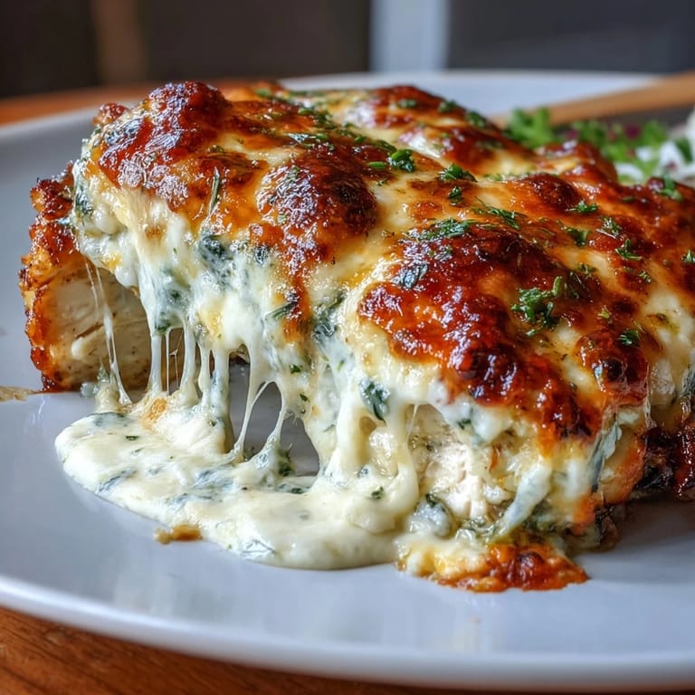 Rich and cheesy Keto Spinach Artichoke Chicken Bake baked until golden and bubbling with melty mozzarella.