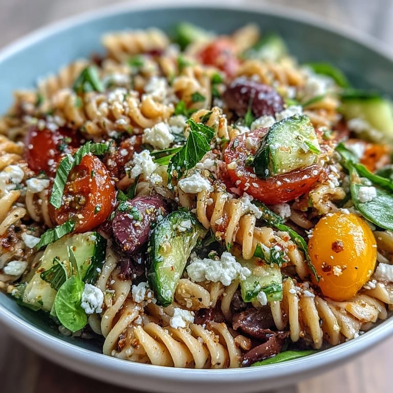 Toss whole grain pasta with crisp cucumbers, juicy tomatoes, and creamy light feta in a zesty lemon-oregano dressing.