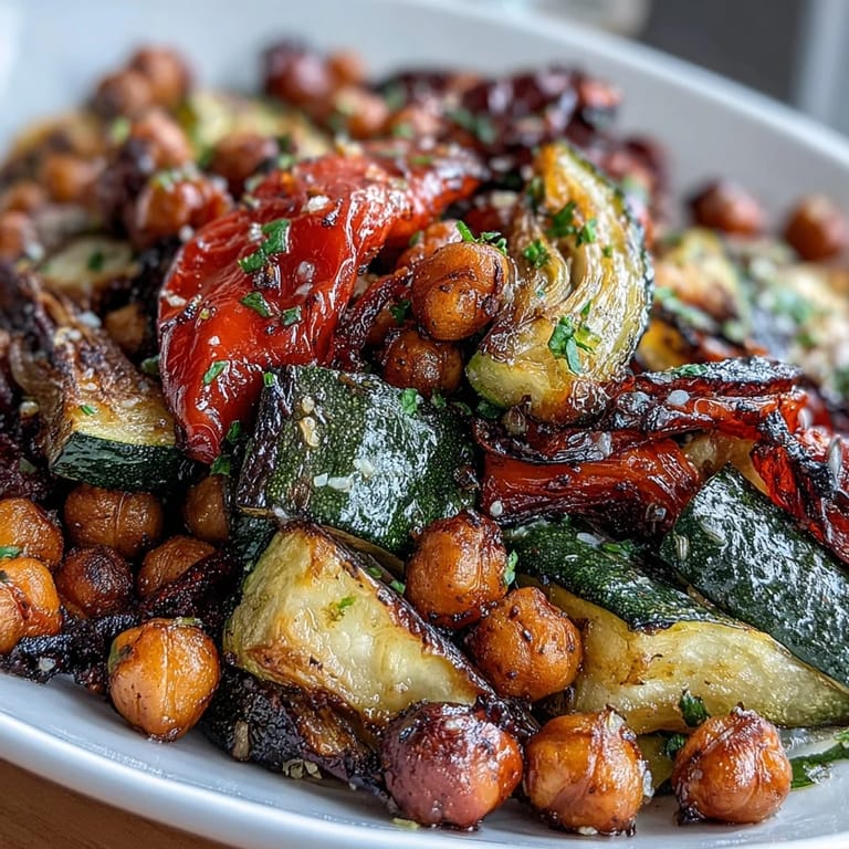 Roasted Lemon Garlic Chickpeas and vegetables, golden and aromatic, garnished with fresh parsley for a bright Mediterranean-inspired side dish.