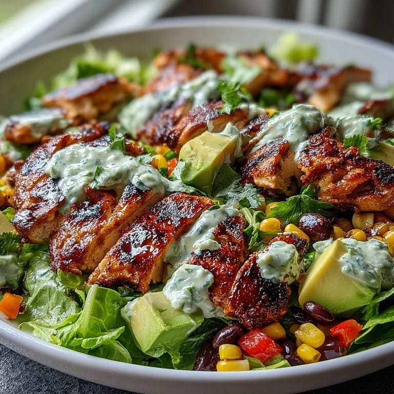 A colorful Southwest chicken salad with grilled chicken, black beans, corn, and avocado, drizzled with zesty lime-cilantro dressing for a fresh, protein-rich meal.