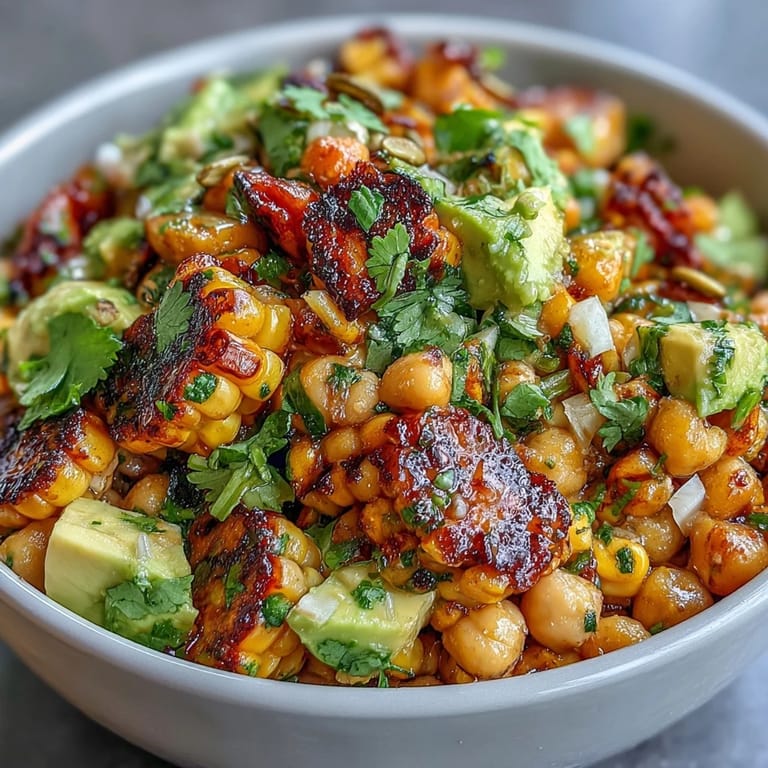 Colorful Vegan Chili Lime Street Corn Salad with Chickpeas, showcasing sweet charred corn, crunchy bell peppers, and a tangy lime dressing, perfect for summer picnics or cookouts.