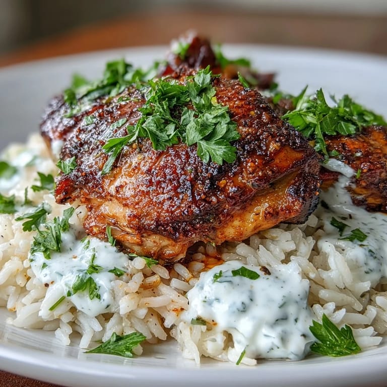 Aromatic Middle Eastern spiced chicken and rice dish simmered in one pot, topped with creamy yogurt sauce and lemon zest.  