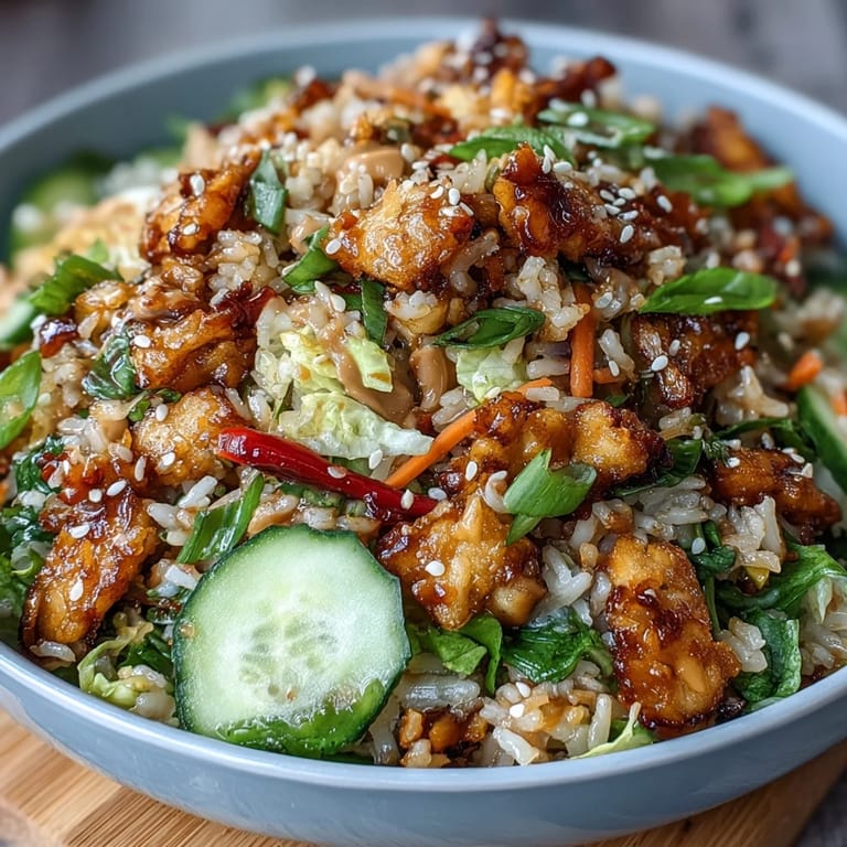 Quick Crispy Rice Salad with Peanut Sesame Dressing: vibrant mix of crispy rice, colorful veggies, and creamy peanut-sesame dressing for a fresh, crunchy bite.