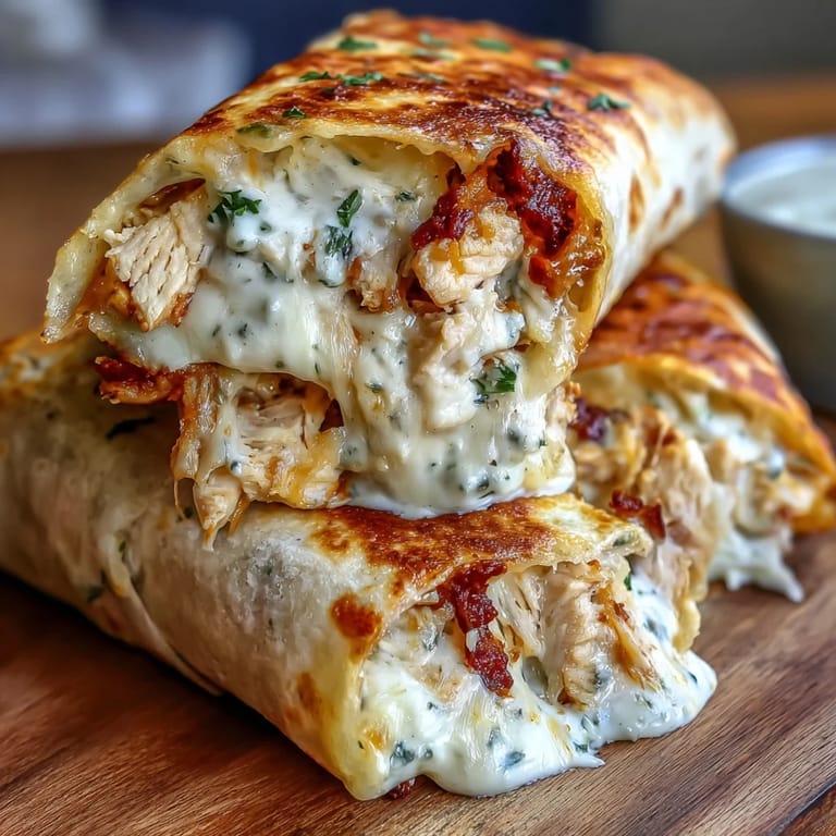 Keto-friendly cheesy garlic chicken wraps filled with savory shredded chicken, cream cheese, and fresh parsley in a golden tortilla.  