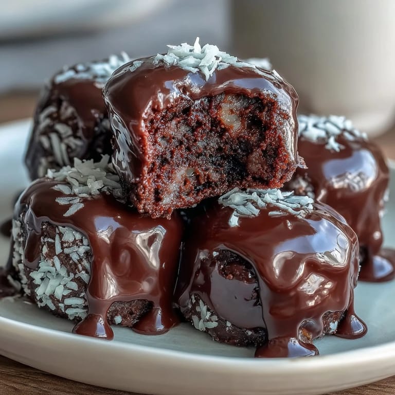 Hand holding a bite-sized Healthy Chocolate Coconut Bite with glossy dark chocolate coating and visible coconut flakes.
