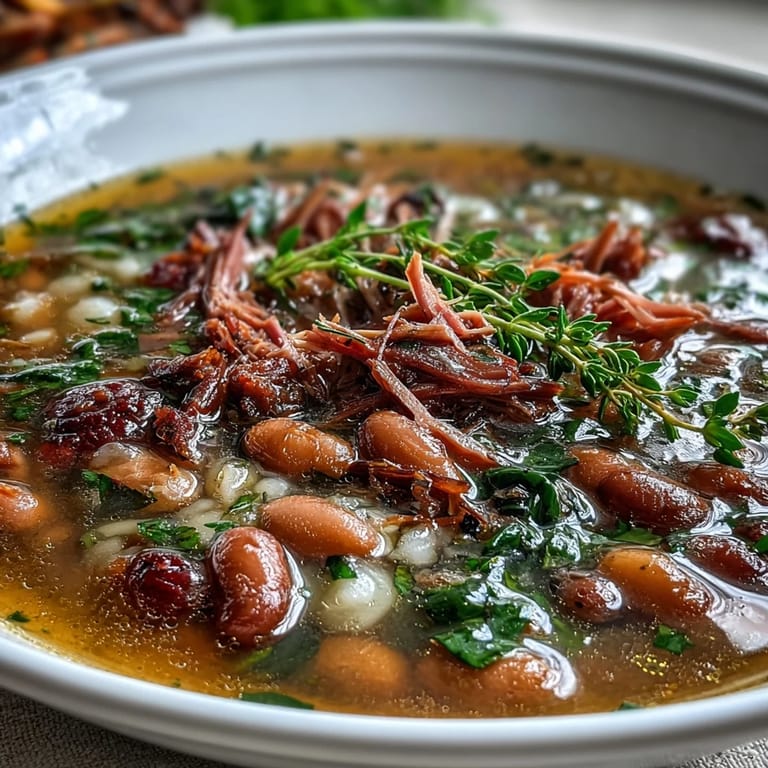 Hearty ham and navy bean soup brimming with aromatic vegetables, smoked ham, and fragrant fresh thyme in a rustic pot.