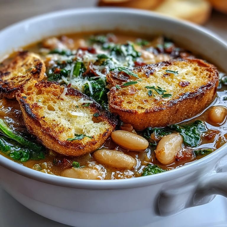Comforting Tuscan ribollita soup with tender beans, seasonal vegetables, and crunchy sourdough croutons for texture.