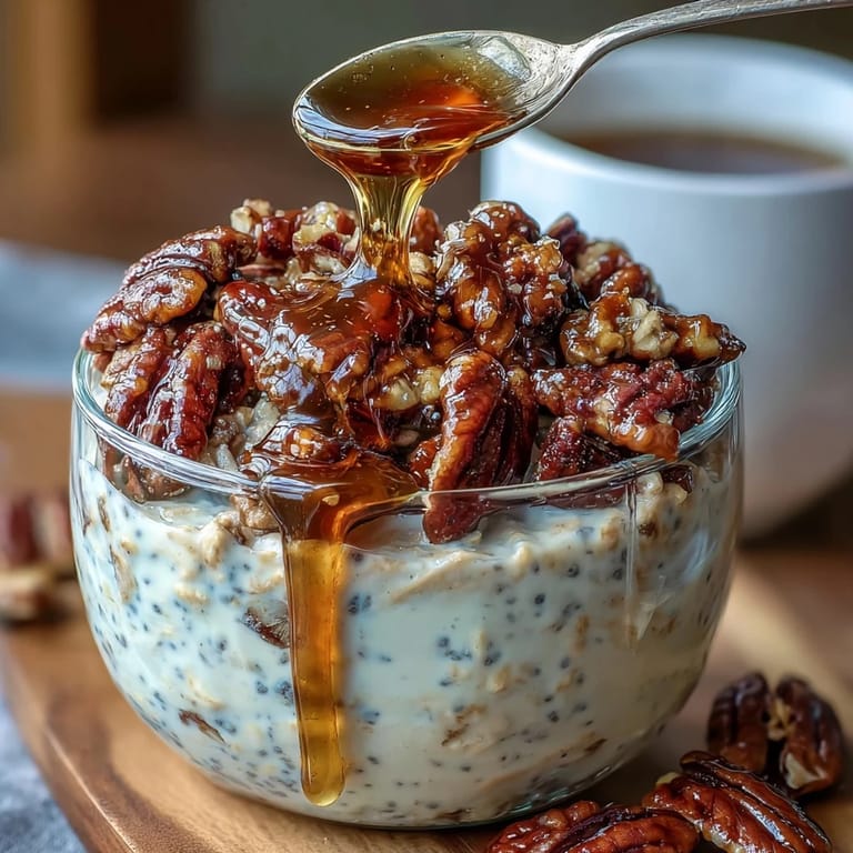 Rich, creamy overnight oats garnished with buttery candied pecans and a generous pour of maple syrup, perfect for a quick and delicious breakfast.